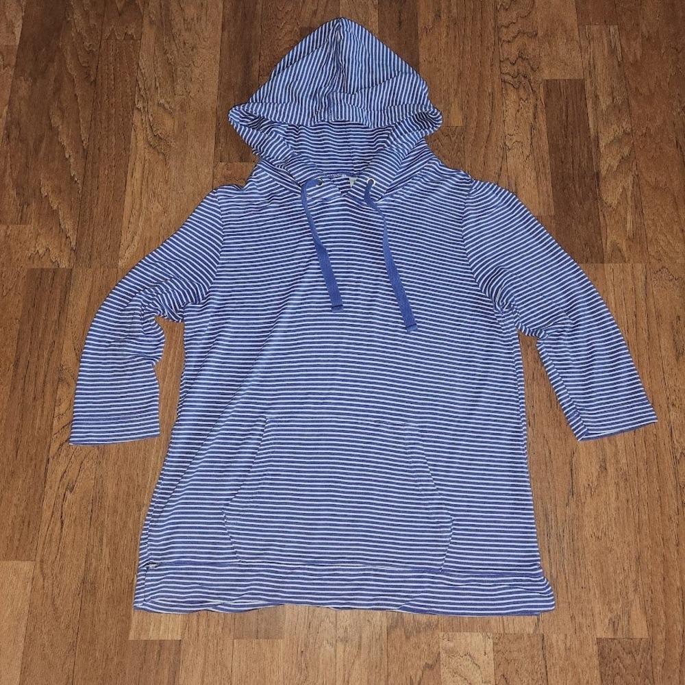 GapBody Alice Blue Striped French Terry Hoodie 3/4 Sleeve Kangaroo Pocket L 663